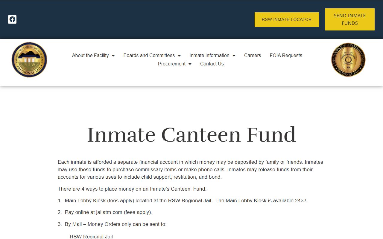 RSW Regional Jail canteen fund and JailATM money deposit rules