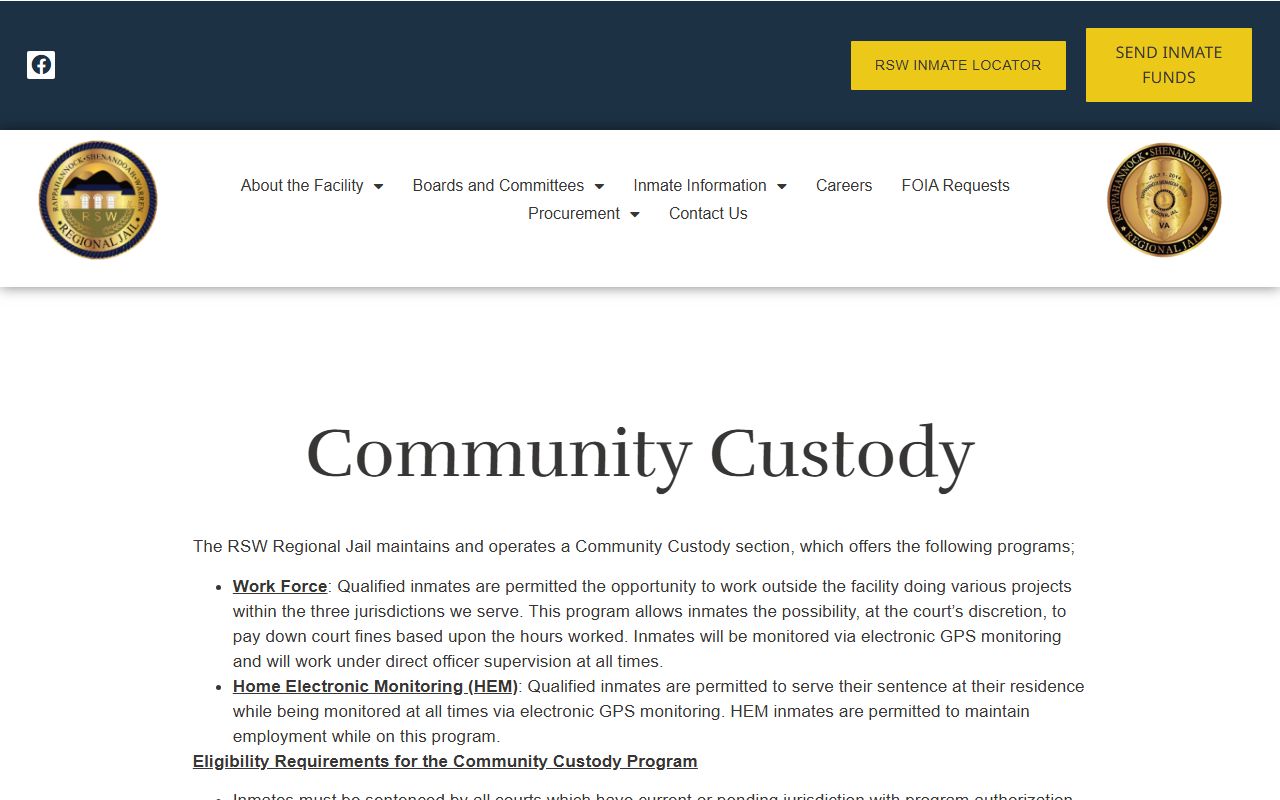 RSW Regional Jail community custody and home electronic monitoring information
