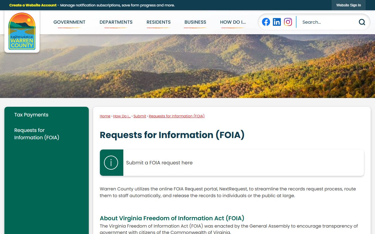 Warren County FOIA portal for requesting jail booking photos